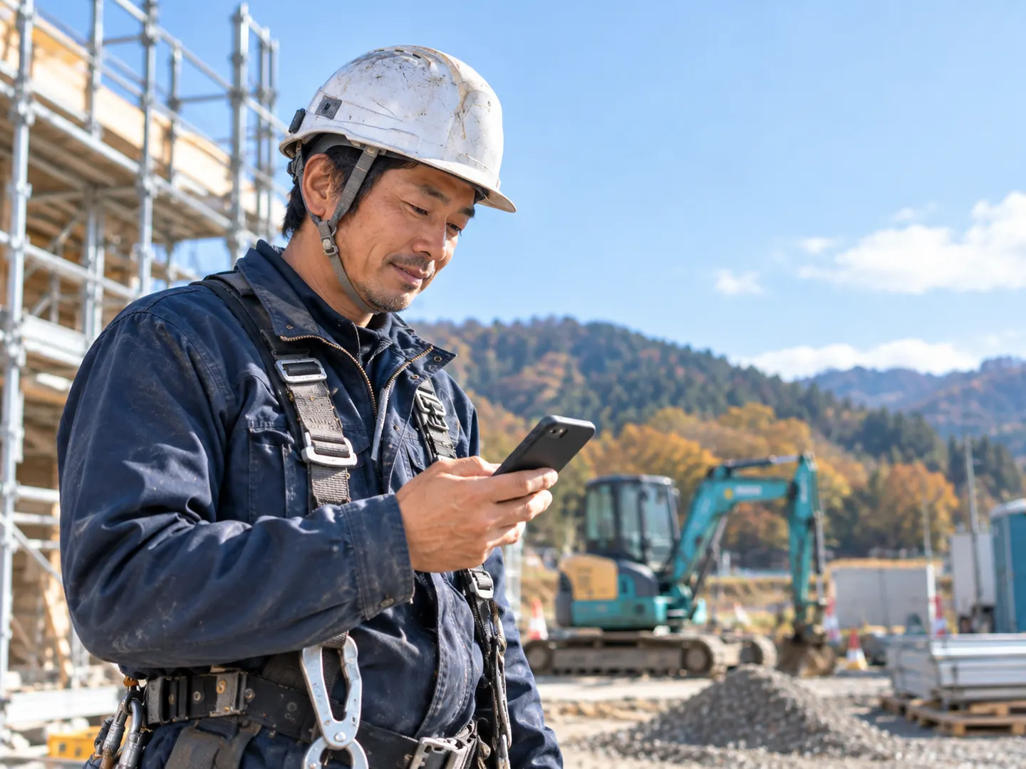 朝の現場で、作業員がスマホで打刻している