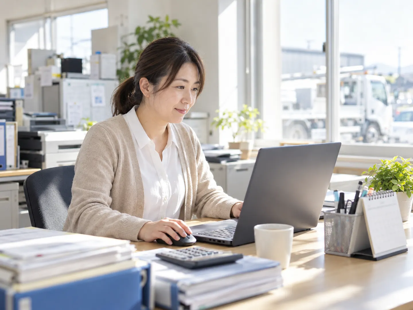事務所で、事務の担当者がPCで給与の画面を見ている